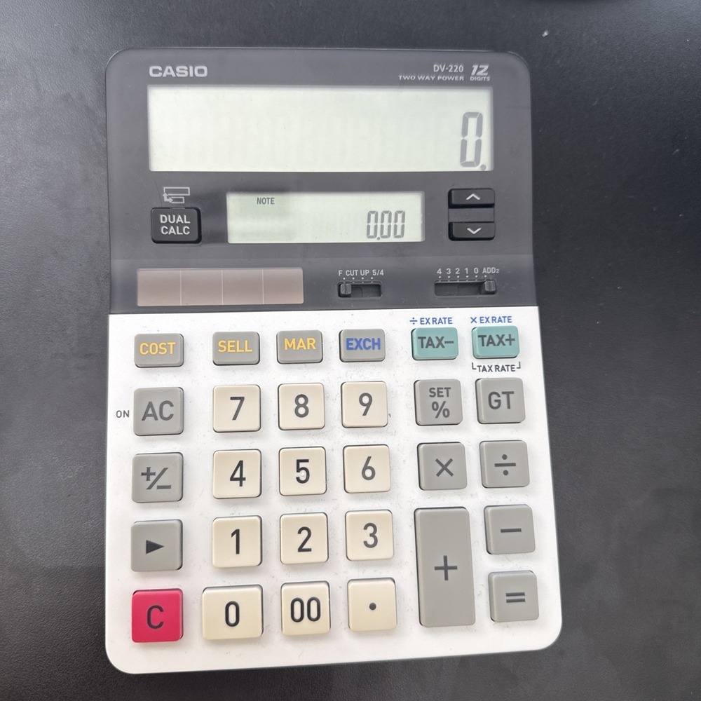 Casio DV-220 Desktop Calculator White Black Dual Display 12 Digit Tested Works